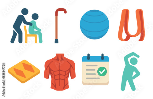 Icons representing physical therapy tools and exercises for rehabilitation