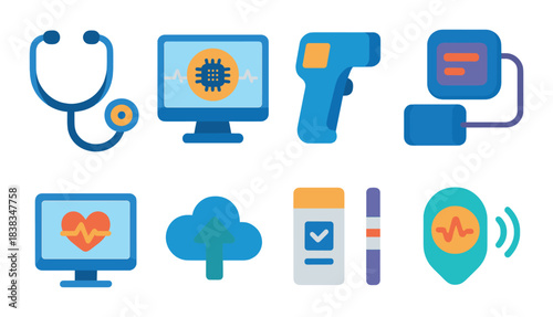 Healthcare technology icons: telemedicine, monitoring, diagnostics, mobile health integration