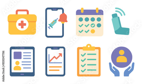 Modern healthcare and technology icons highlighting communication and medical tools