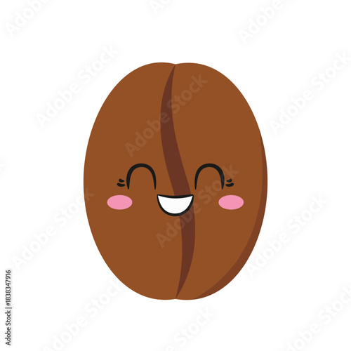 Coffee bean, cute character cartoon, happy smiling face, kawaii style, emotions joy delight, sign coffee drink vector illustration.