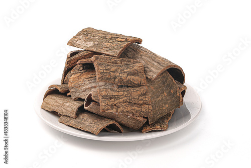 Eucommia Bark Chinese Herbal Medicine on White Plate Traditional Natural Health Remedy Product Showcase