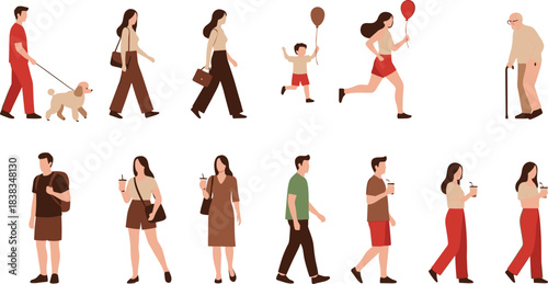 Collection of diverse people walking, running, and enjoying daily activities, including families, children, seniors, and individuals, depicted in a modern flat vector style