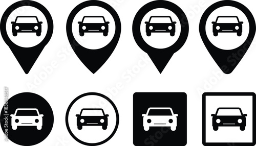 Parking Icon Set. Vehicle Navigation and Smart Parking Symbols. Urban Travel, Car Park, and Transportation Symbol Collection