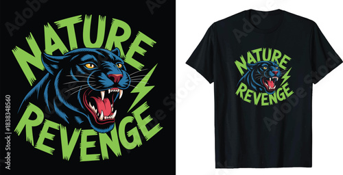 Vicious black panther head with lightning bolt and text nature revenge