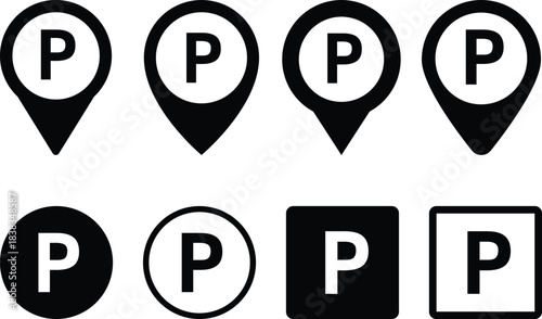 Parking Icon Set. Vehicle Navigation and Smart Parking Symbols. Urban Travel, Car Park, and Transportation Symbol Collection