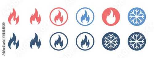 Fire and Snowflake Vector Icon Set: Hot and Cold Sign Symbols for Temperature and Climate Control Apps