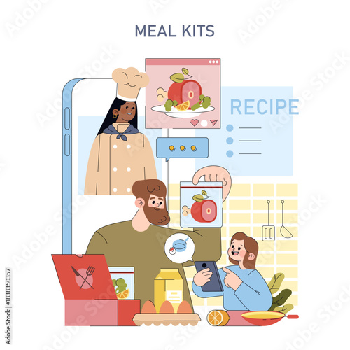 Family Enjoying Meal Kit Preparation Vector Illustration