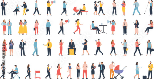 Large collection of diverse people performing everyday activities such as walking, talking, working, parenting, and relaxing, representing modern lifestyle and community interactions in vector style