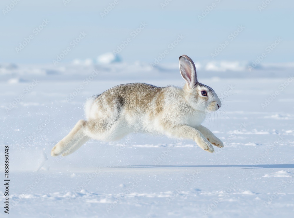 Naklejka premium Agile Rabbit Leaping Across a Snowy Landscape in Winter Season