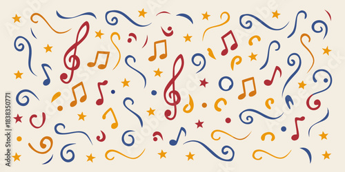 Colorful musical notes and stars create a whimsical and playful background design