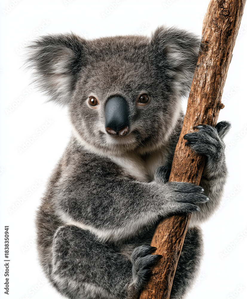 Fototapeta premium Koala sitting on a tree branch isolated on white background.