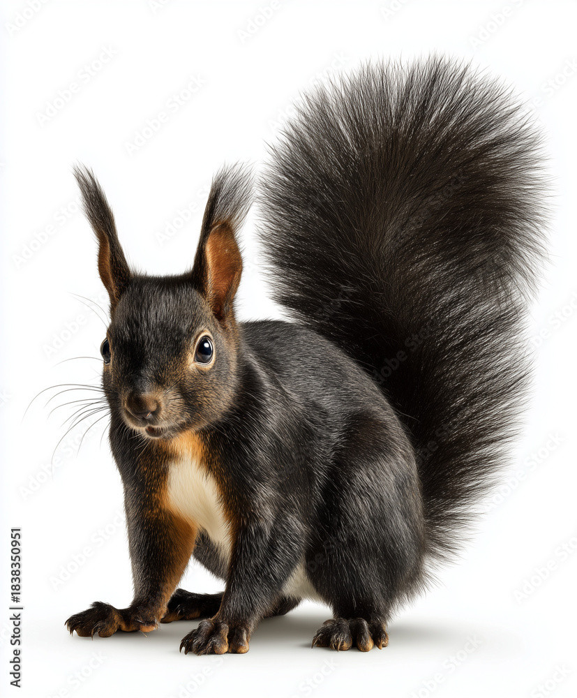 Fototapeta premium Black squirrel with bushy tail isolated on white background.