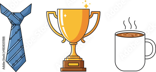 Father’s Day icon set including tie, trophy, and coffee mug, minimal vector illustration on white background