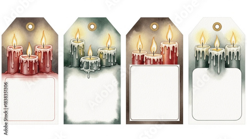 Watercolor Dripping Candle Gift Tags Set with Burning Candles and Blank Label Space