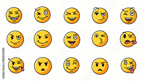 A colorful collection of expressive cartoon smiley faces conveying a wide range of emotions and moods.