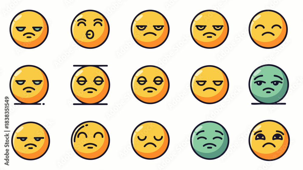 Fototapeta premium A comprehensive collection of diverse cartoon emoji faces depicting various negative emotions like sadness, boredom, and exhaustion.