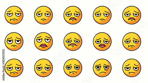 Collection of cartoon faces expressing various emotions of sadness, disappointment, and fatigue in a repetitive pattern.
