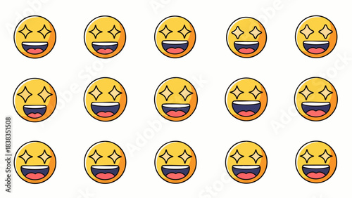 Fifteen identical star-struck emojis are arranged in a grid, each with a wide smile and sparkling eyes, expressing immense happiness and excitement.