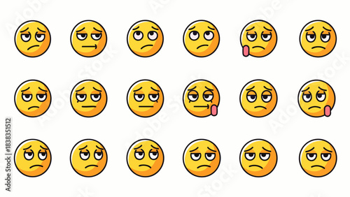 A diverse collection of yellow cartoon sad face emojis expressing disappointment, boredom, and general unhappiness on a clean white background.