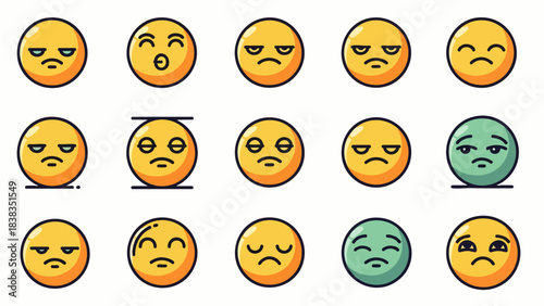 A comprehensive collection of diverse cartoon emoji faces depicting various negative emotions like sadness, boredom, and exhaustion.