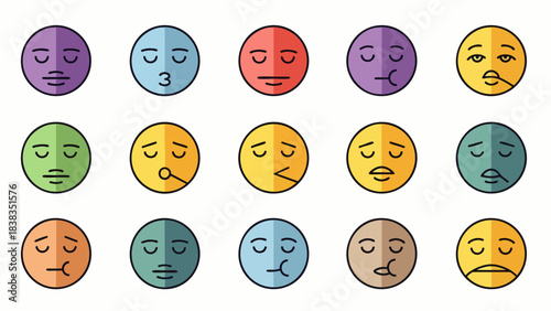 A vibrant grid of diverse flat design emoticons, each with closed eyes, illustrating a range of relaxed, sleepy, or slightly unwell expressions.