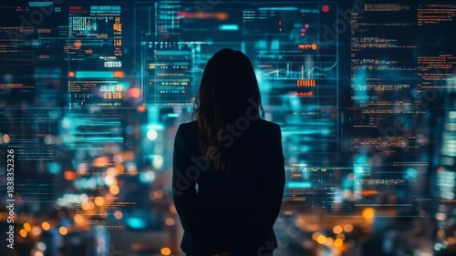 Silhouette of a person overlooking an advanced digital data interface and city lights