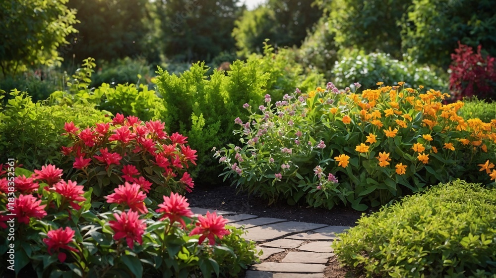 Obraz premium Vibrant garden scene with colorful flowers in pink, purple, and orange hues, surrounded by lush greenery under golden sunlight.