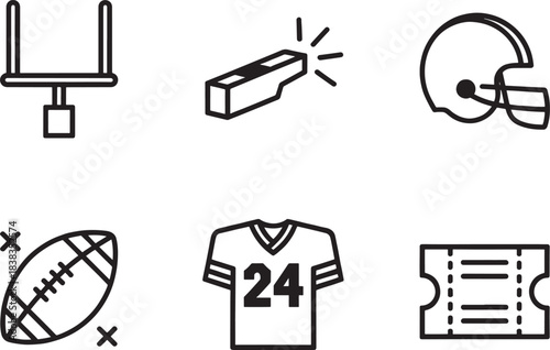 American football game equipment and accessories outline icons: A collection of isolated line art icons representing various elements of American football, including gear, game objects, and related it