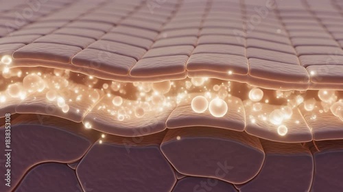 肌の角質層に浸透する美容成分と輝く分子のイメージ