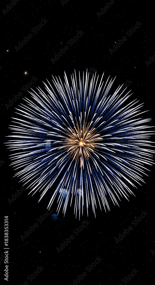 Fototapeta premium Brilliant burst of white and blue firework against a black sky with small stars, representing celebration, event, or festive occasion