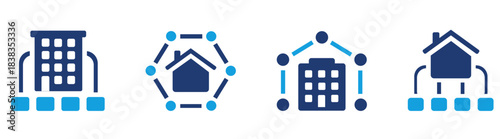 Facility and amenities icon with smart home and connected building Solid vector icon symbol illustration.