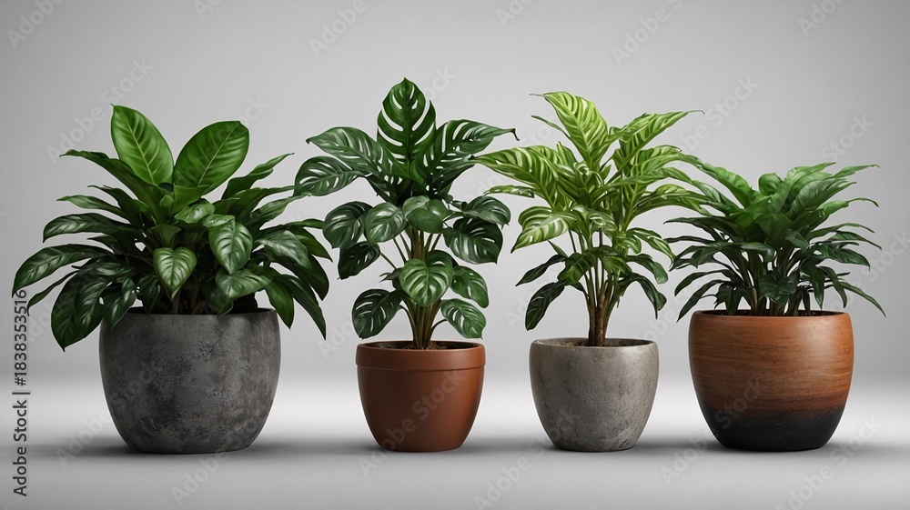 Obraz premium A collection of vibrant indoor plants in stylish pots, showcasing lush greenery and diverse leaf patterns.