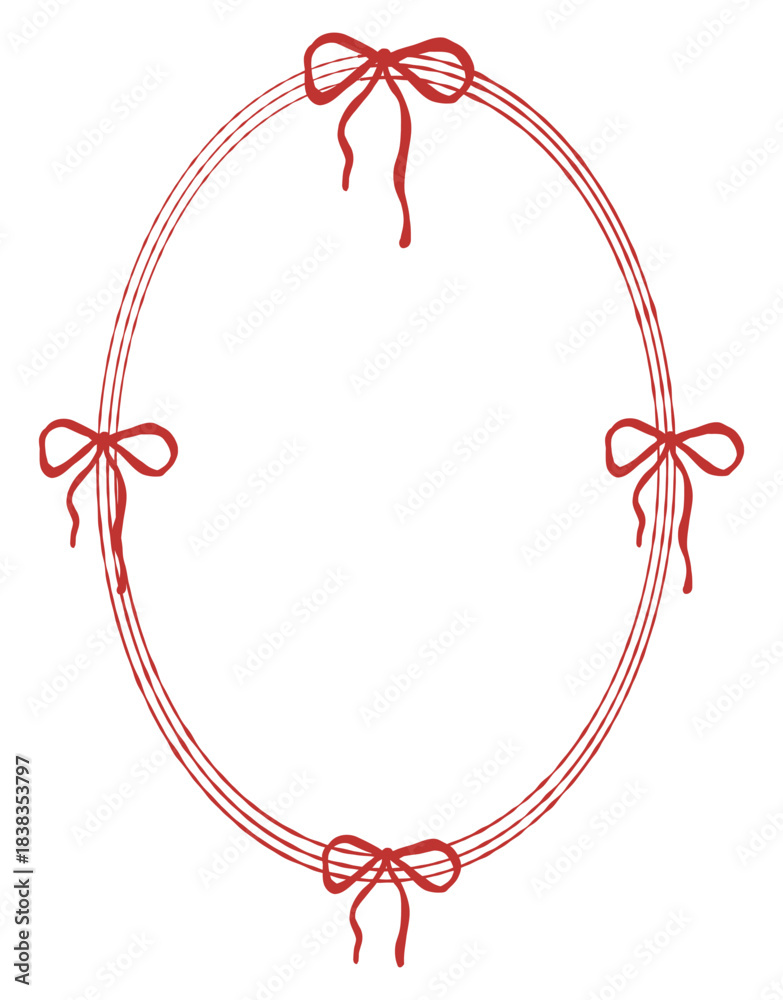 Fototapeta premium Holiday card template with an oval frame, bows, and space for text. A red vintage frame with ribbons and bows is perfect for wedding, Valentine Day, birthday, menu, invitation, or poster. Vector