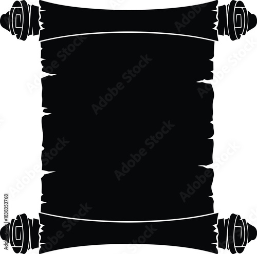 Black silhouette scroll paper with torn edges and rolled ends