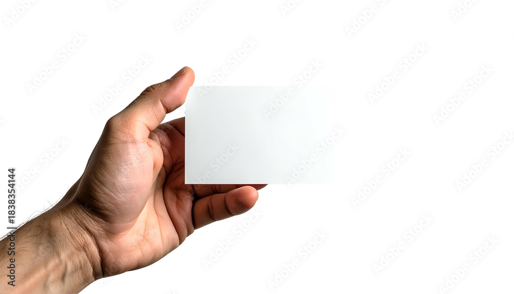 Obraz premium A hand holds a blank white card against a black background. Focused lighting on display