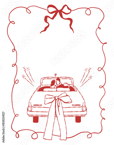 Doodle wedding card template with space for text. A wedding car with the newlyweds, a whimsical frame with a bow. Vector outline illustration in red