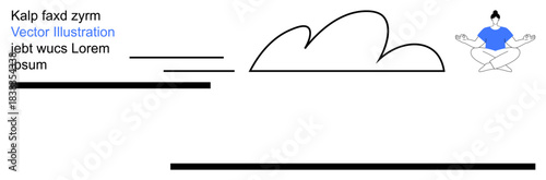 Mindfulness, meditation, relaxation, wellness, design templates, peaceful living. A minimalist figure meditates near a cloud with abstract text and lines. Mindfulness and meditation concept