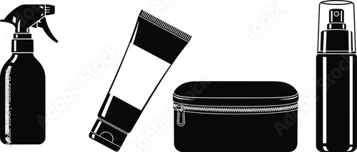 Travel toiletry icons, cosmetic silhouette set, personal care essentials, black vector items, hygiene kit, minimalist design, flat vector illustration
