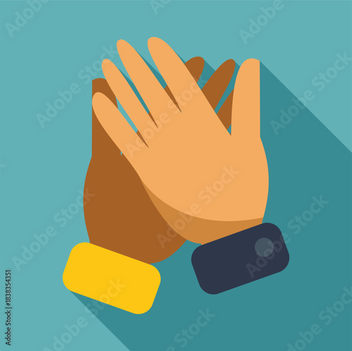 Two hands of different skin colors clapping with long shadow flat design