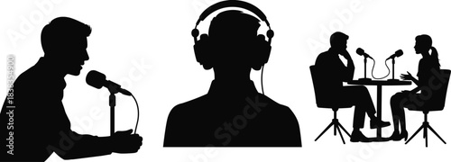 Podcast silhouette set, broadcasting icons, microphone scenes, audio media roles, radio interview concept, flat vector art, flat vector illustration