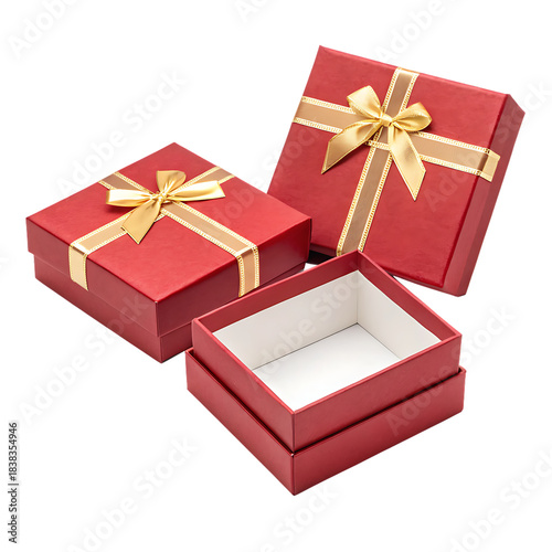 Set of gift boxes with red ribbon and open isolated on transparent background