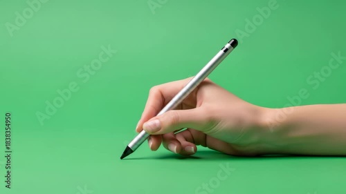 Woman hand holding stylus pen on green screen for chromakey. Digital input device for touchscreen and graphic design.