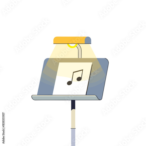 Music stand with sheet music illuminated by lamp in studio setting  