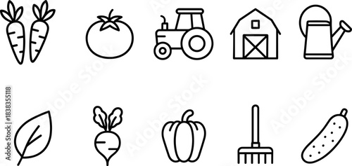 Farm and agriculture icons set. Harvest, tools, tractor, plants, barn outline symbols