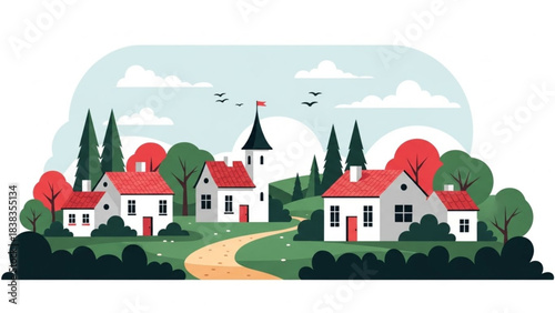 Charming village scene with cozy white houses and vibrant autumn trees along a winding country path