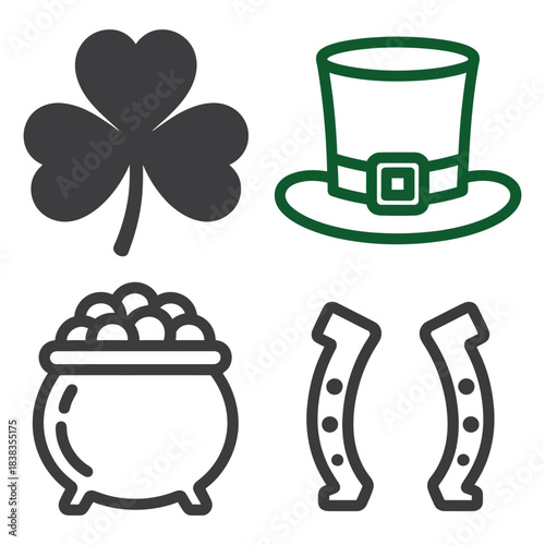 St. patrick's day symbols: clover, leprechaun hat, pot of gold, horseshoe