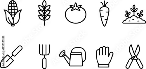 Farm and agriculture icons set. Harvest, tools, tractor, plants, barn outline symbols