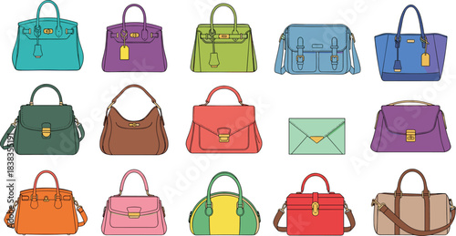 Handbag collection illustration, fashion accessories, colorful purse set, stylish bag designs, trendy women’s items, flat vector art, flat vector illustration