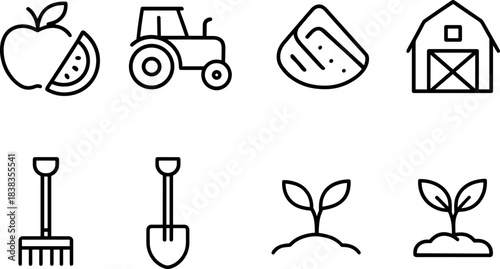 Farm and agriculture icons set. Harvest, tools, tractor, plants, barn outline symbols