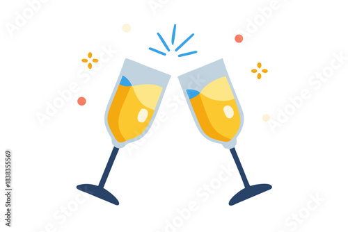 Cheers celebration with sparkling wine glasses in modern flat style .vector icon